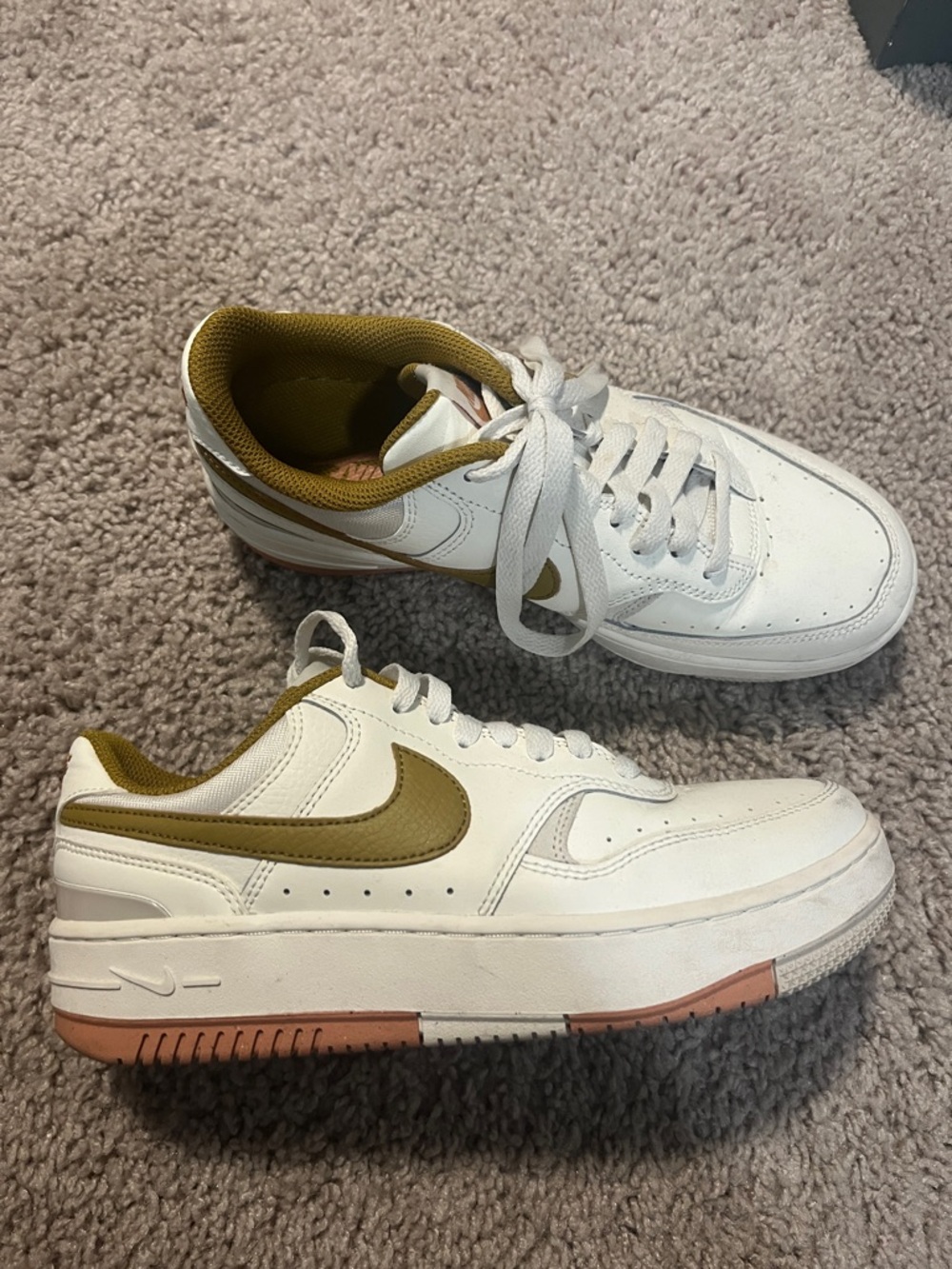 Nike White Leather Sneakers with Olive Swoosh and Tan Sole